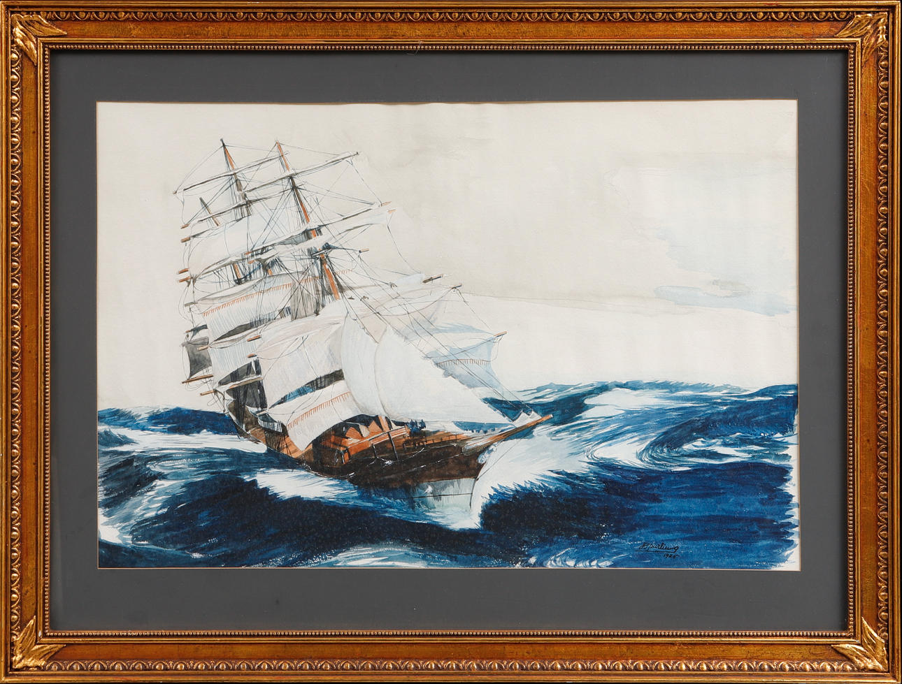 JACK SPURLING. Ship at sea, gouache, signed and dated 1925.
