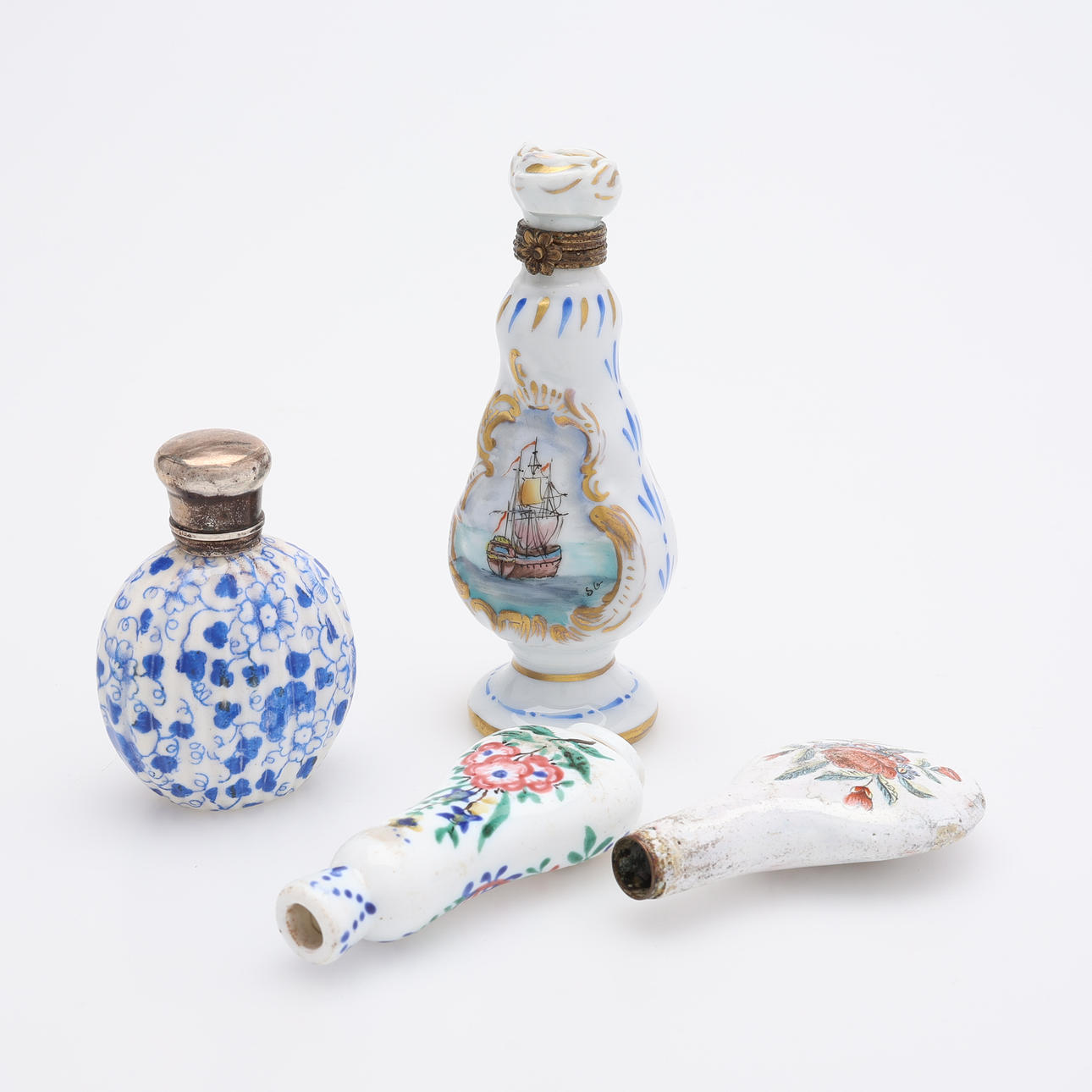 4 PERFUME BOTTLES, MOSTLY PORCELAIN, 18TH-20TH CENTURY.