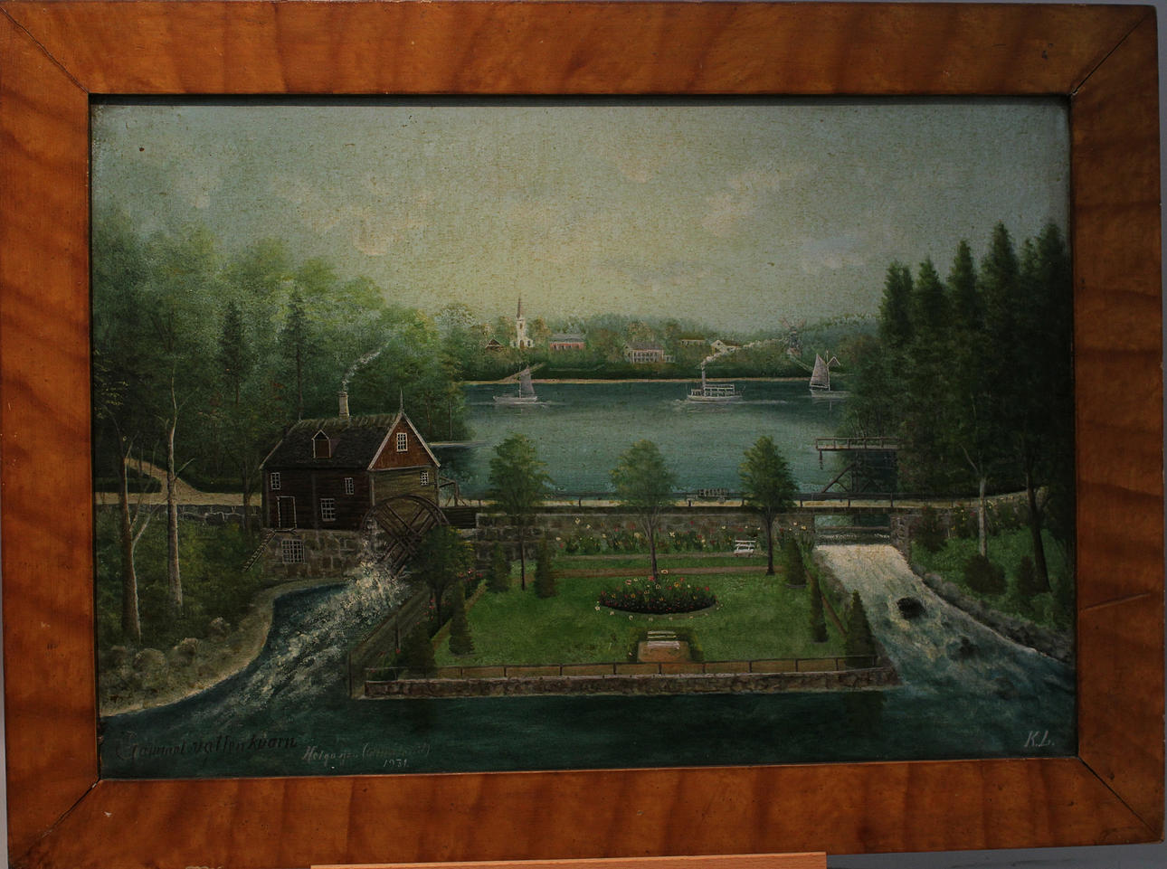 CARL LJUNGBERG. Gåramålning. "Gammal vattenkvarn, Helgasjön....". Olja på duk. Signerad K L och daterad 1931.