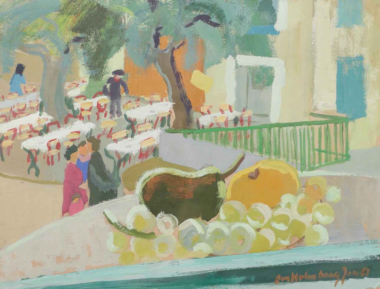 EVA HOLMBERG JACOBSSON. Café motif, mixed media, signed and dated 61.