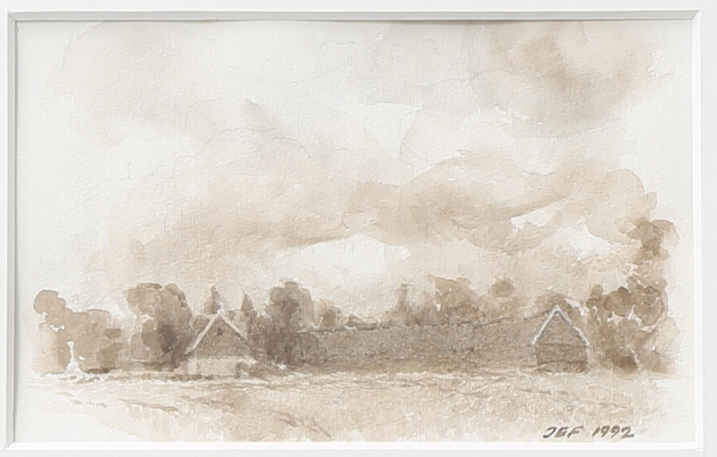 JOHN-ERIK FRANZÉN. "Ladugårdar på Fylleskog R-holm". Akvarell, signerad JEF och daterad 1992.