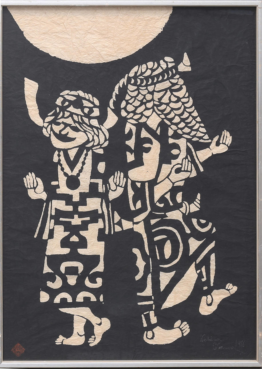 KICHIEMON OKAMURA. “Moonlight night”. Woodcut, signed and dated 1966.