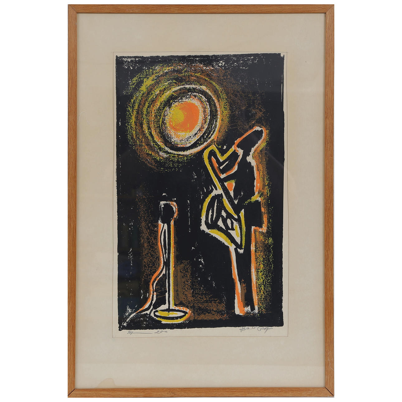 OIDENTIFIERAD KONSTNÄR "SAXOFON" LITOGRAFI, SIGNERAD.