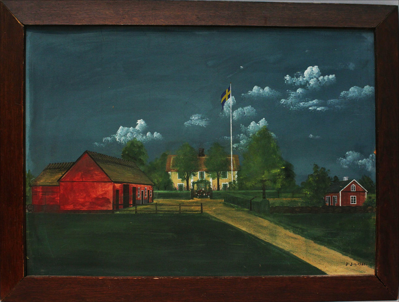 STEN STURE SANDGREN. Gåramålning. Smålandsgård. Olja på pannå. Signerad S S S-n och daterad 1921.