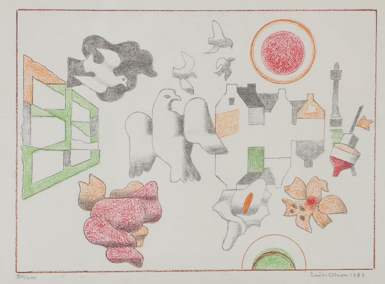 ERIK OLSON. Composition with birds, lithograph in colours, signed 1983.