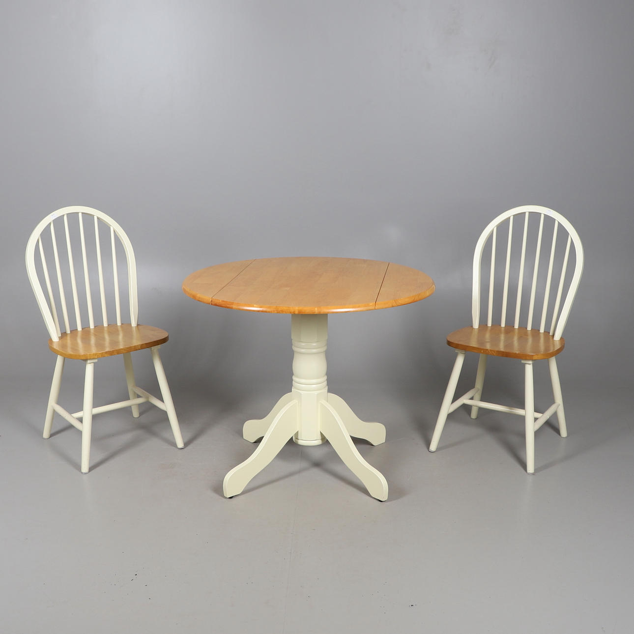 A PART PAINTED KITCHEN TABLE AND TWO CHAIRS.