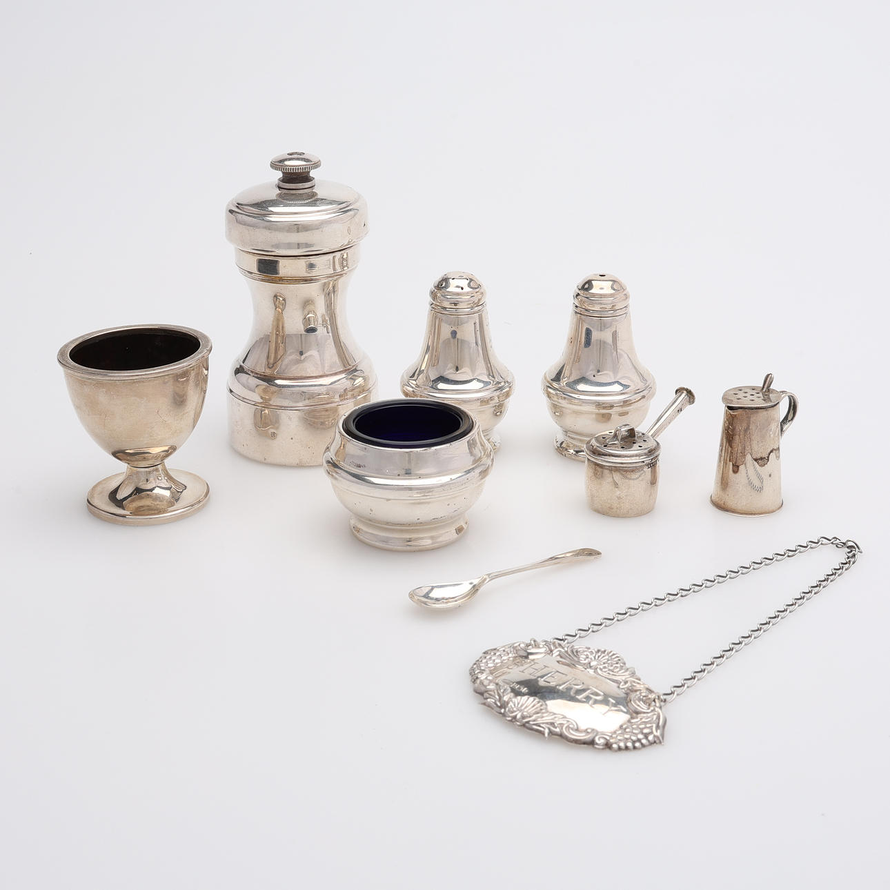 KITCHEN RELATED SILVER OBJECTS, 9 PIECES, TOTAL WEIGHT Approx. 282g.
