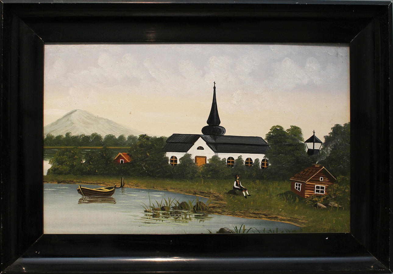 OKÄND KONSTNÄR. Gåramålning. Kyrkbyn. Olja på duk. Osignerad.