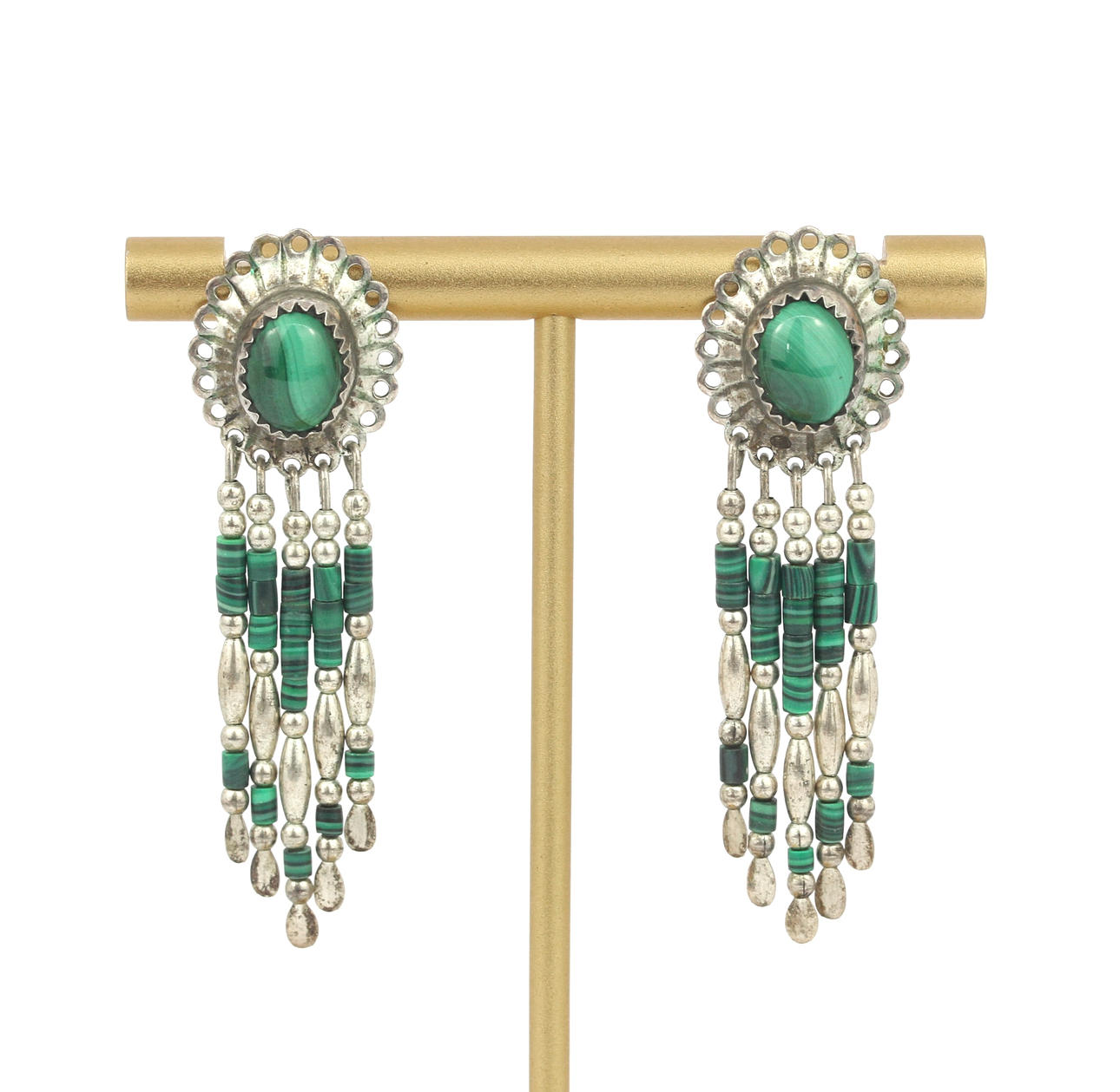SILVER MALACHITE EARRINGS.