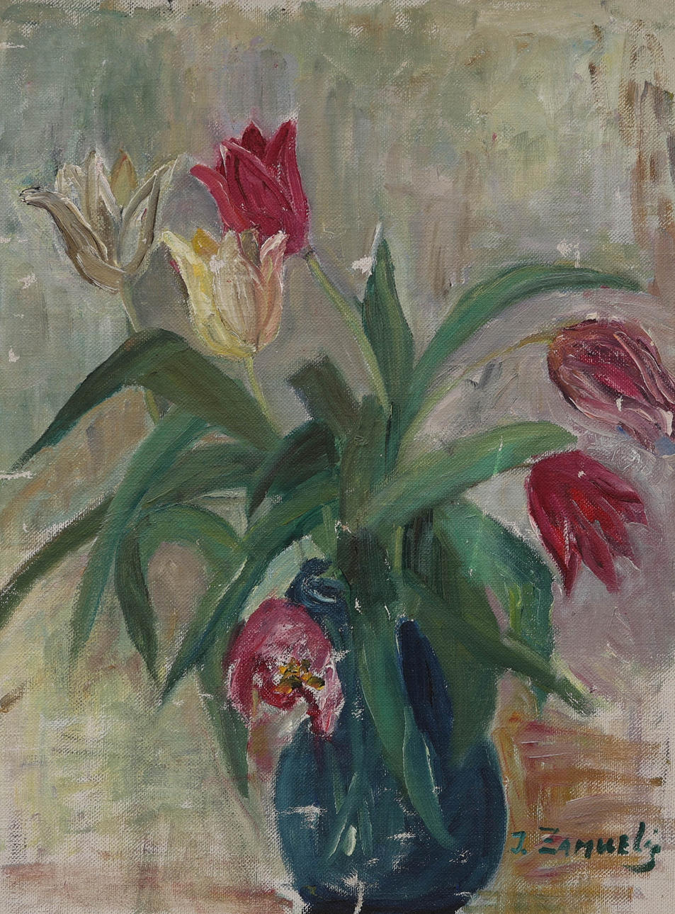 OIDENTIFIERAD KONSTNÄR. oil on panel, still life of vase with flowers, signed J. Zamuelis.