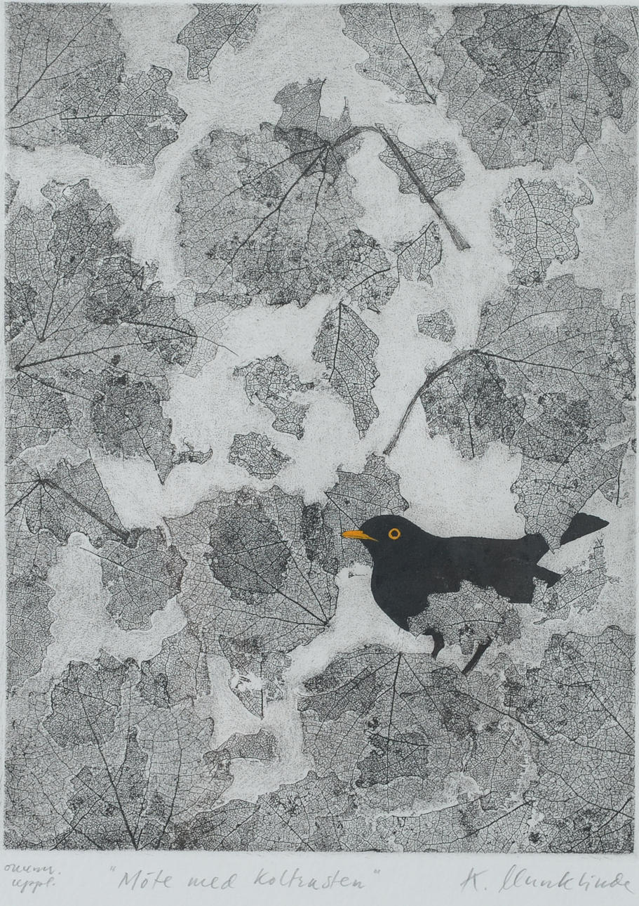 KRISTINA MUNKLINDE. “Meeting with the blackbird”, etching, signed.