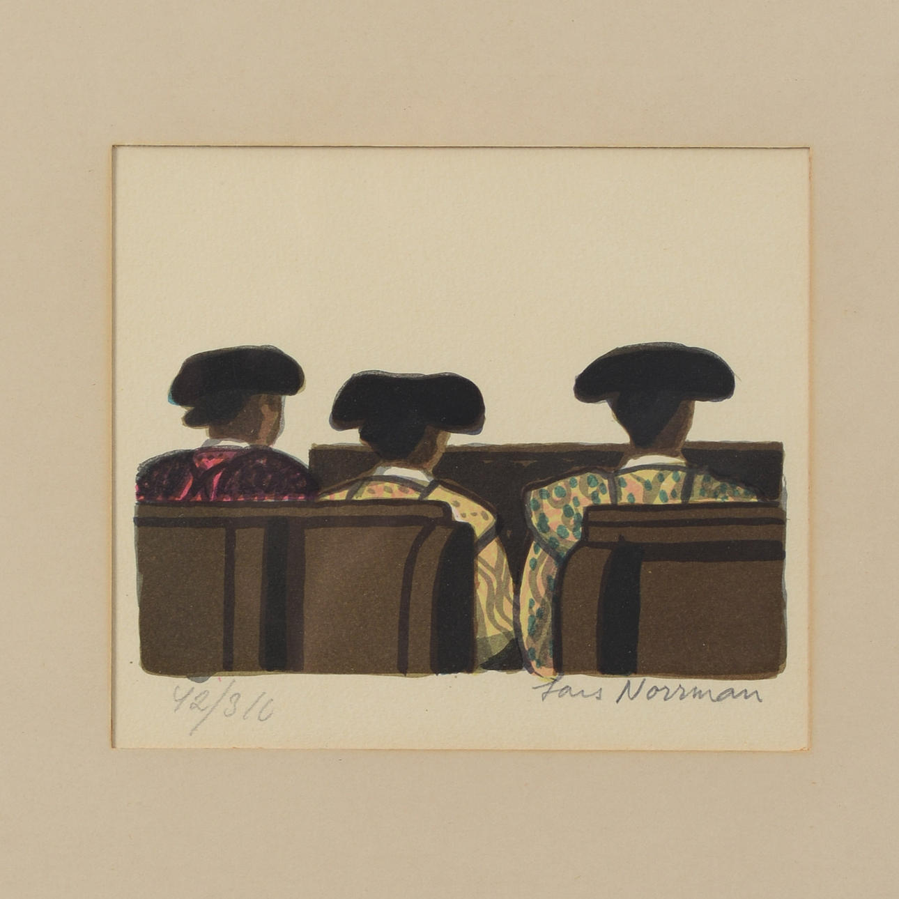 LARS NORRMAN. Three persons from the back, lithograph in colours ...