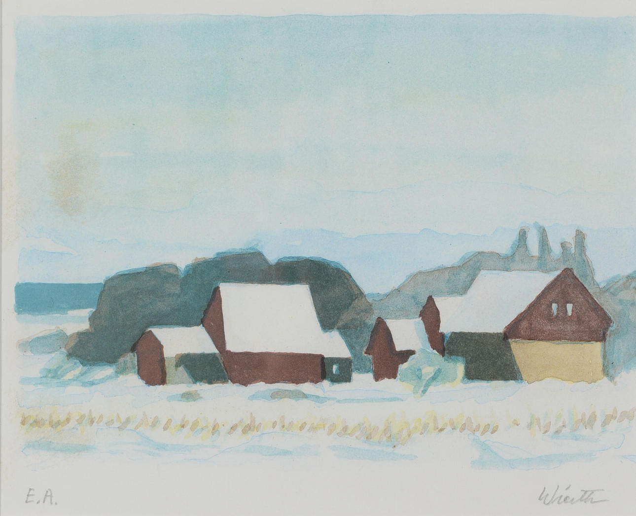 JOHN WIERTH. Village landscape, lithograph in colours, signed.