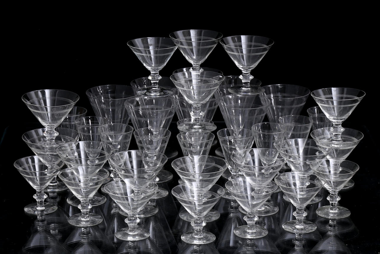 A set of 38 drinking glasses, 4 models, with stripe decor, first half of the 20th century.