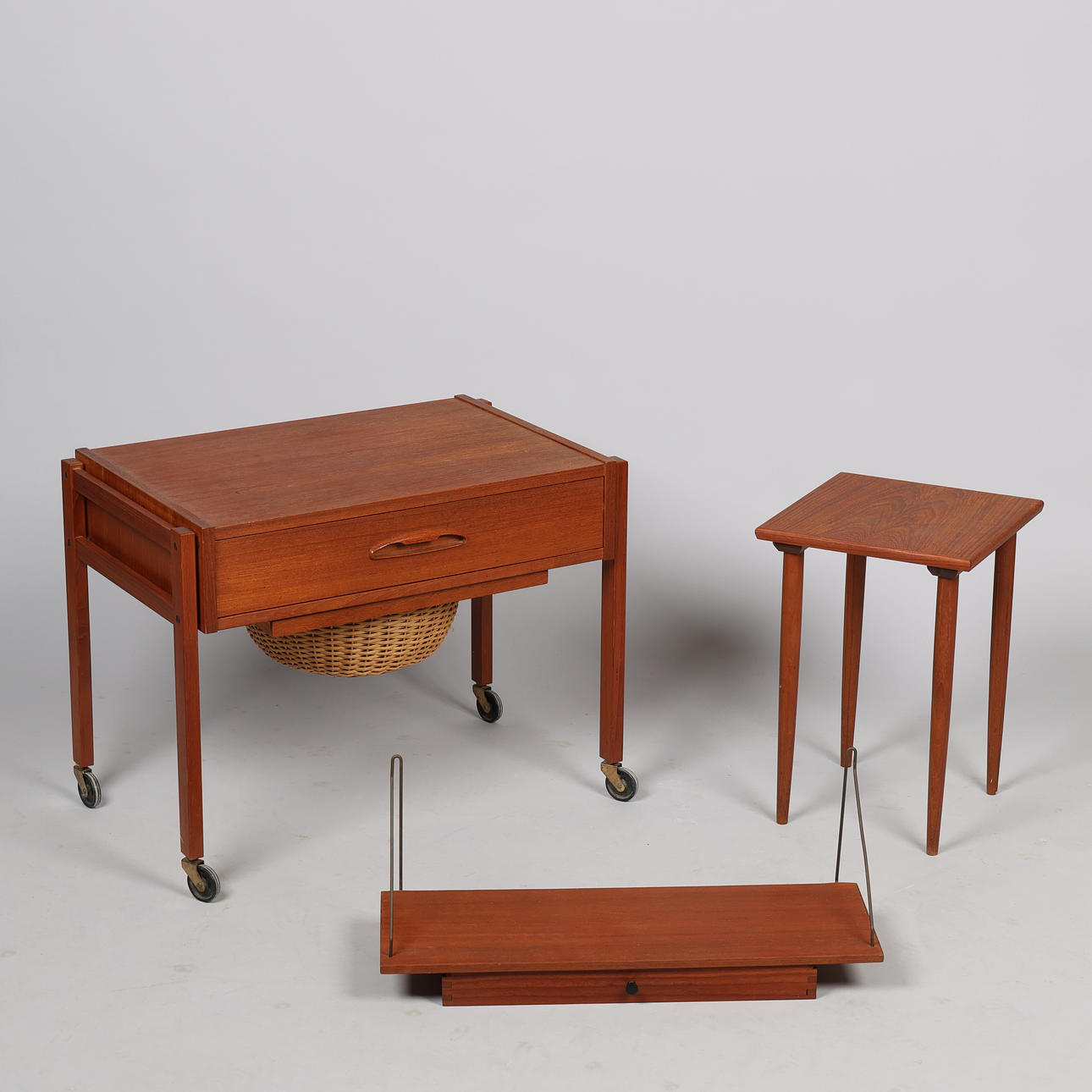 Sewing table, shelf and smaller teak table, 1960s (3).