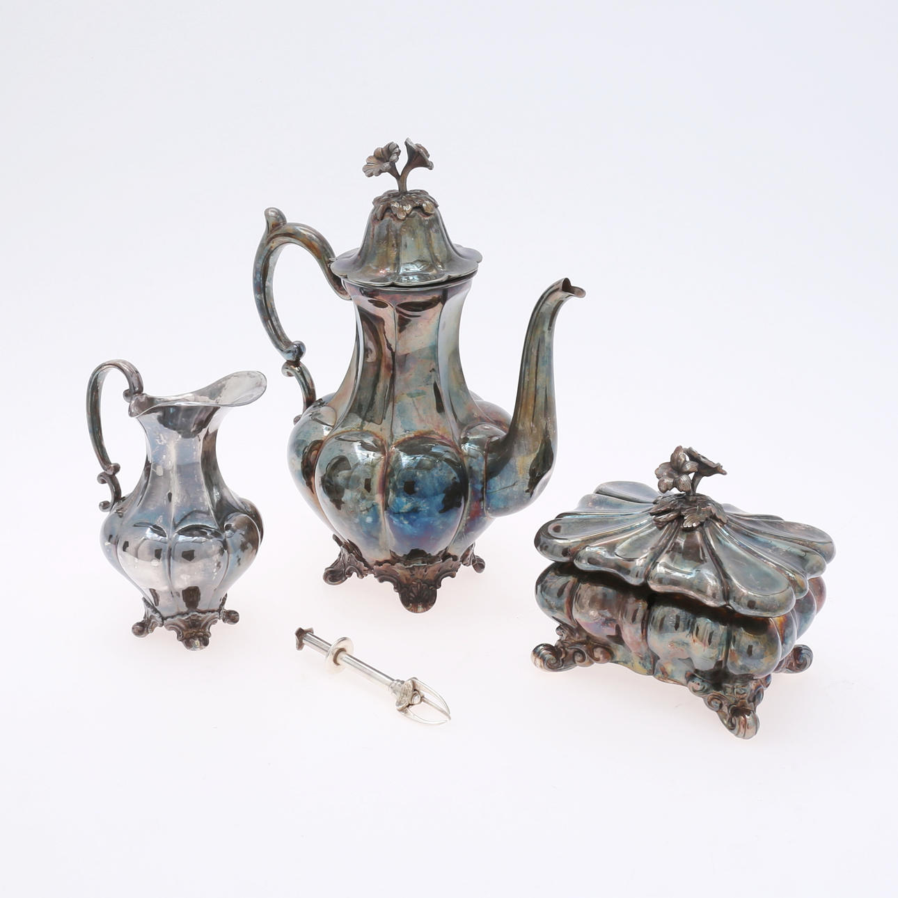 NICKEL SILVER, 3 pieces, Rococo style.