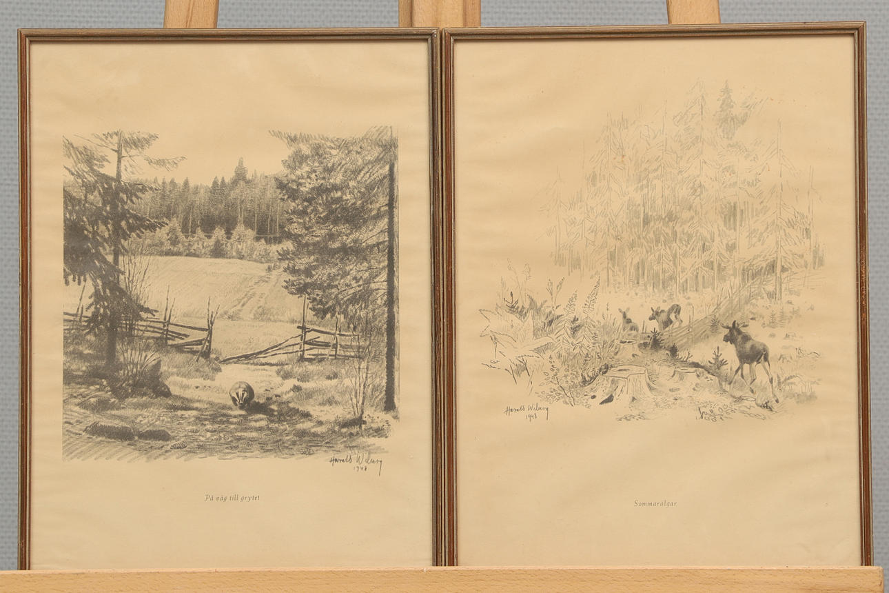 HARALD WIBERG. After, prints, 2 pcs, “On the way to the pot” & “Summer Elks”, printed signature, 1948.