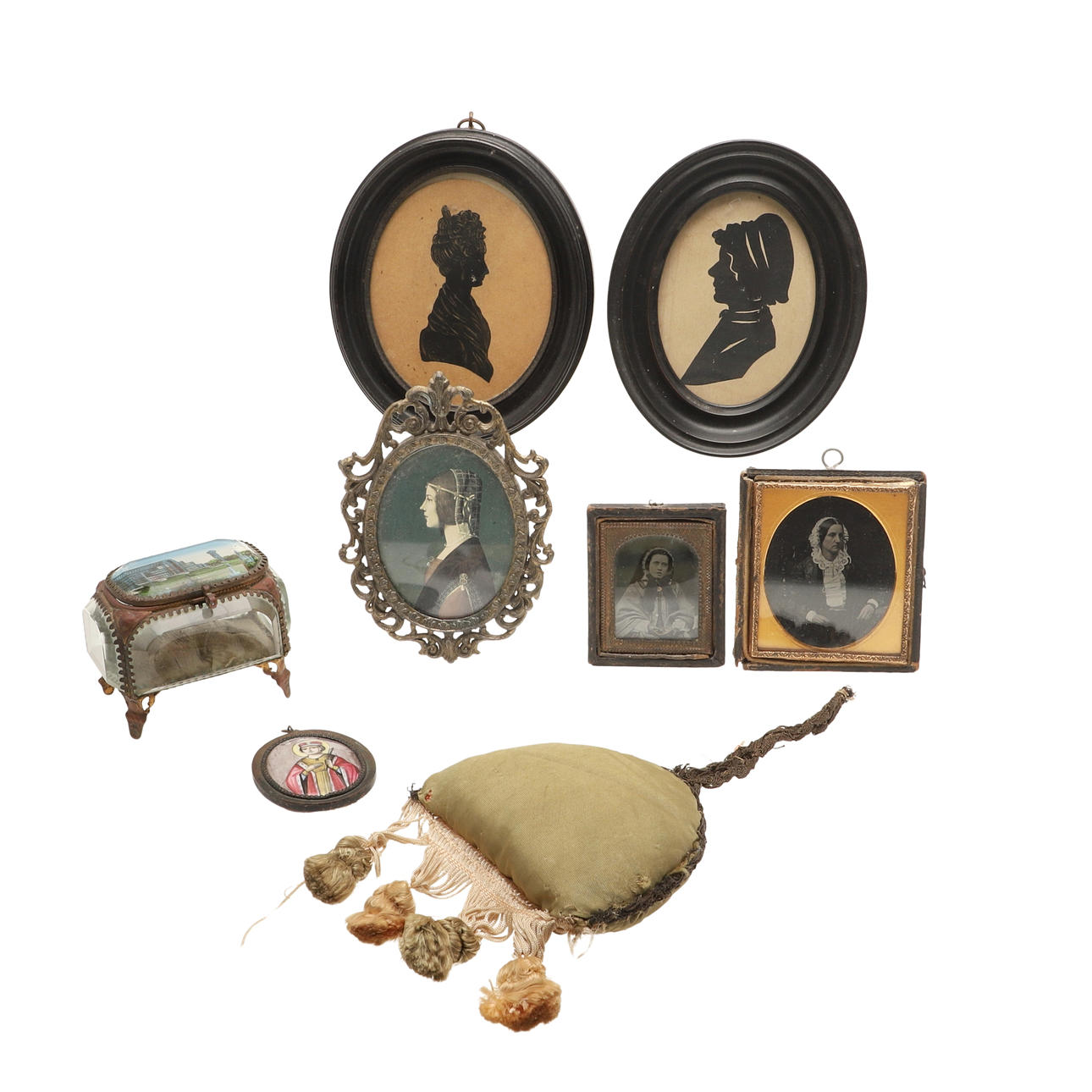 SMALL RELIGIOUS ENAMEL PLAQUE, SILHOUETTES & OTHER ITEMS.