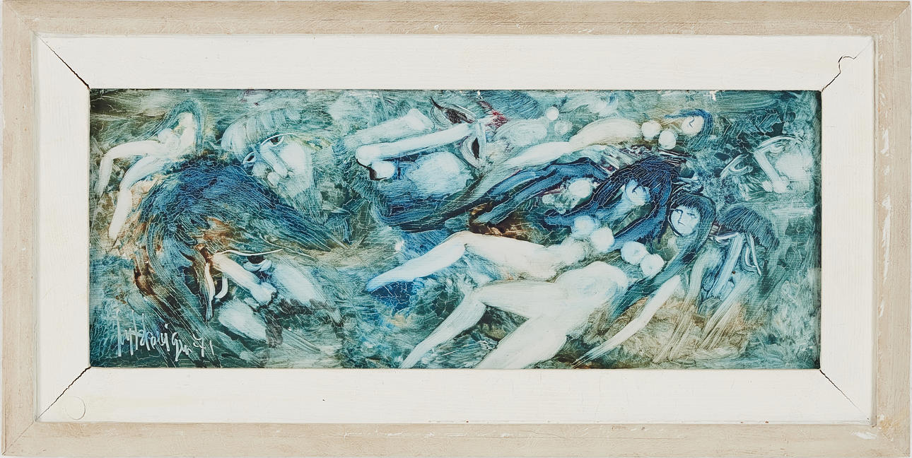 OIDENTIFIERAD KONSTNÄR. abstract composition of figures, oil on panel, indistinctly signed and dated -71.