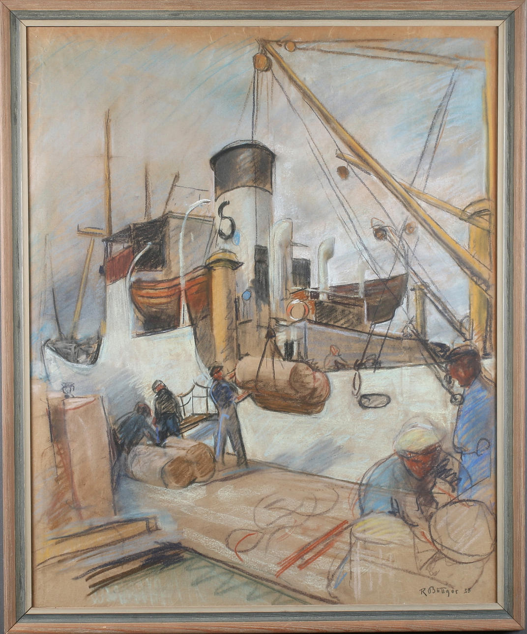 OIDENTIFIERAD KONSTNÄR. Krita på papper, skeppsmotiv, signerad och daterad, -50.