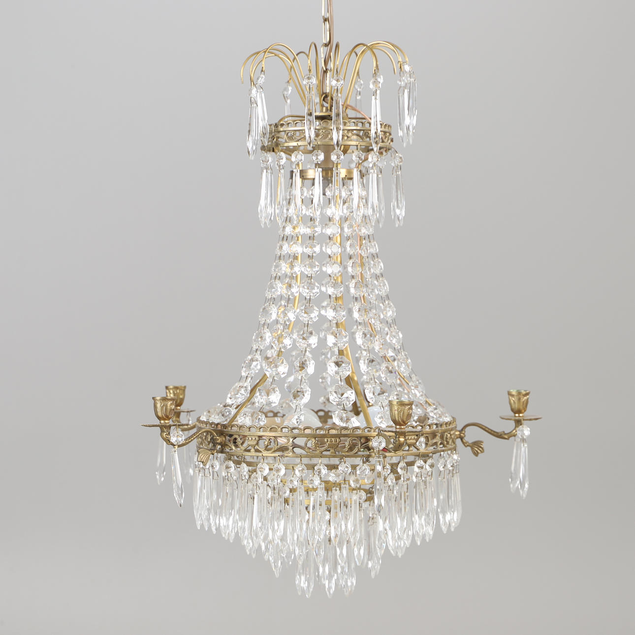 CHANDELIER, 5-arm, brass with prisms, Gustavian style.