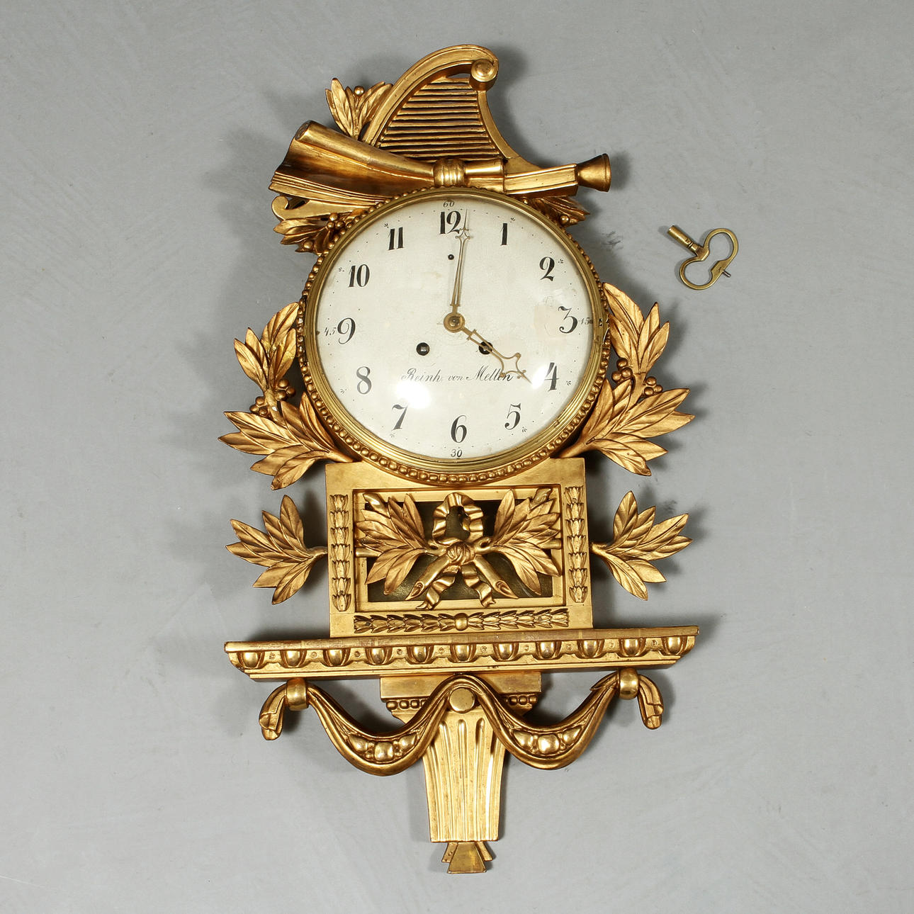 VÄGGUR, gustavianskt. Urtavla märkt Reinholdt von Mellen (Ystad 1768-1805).