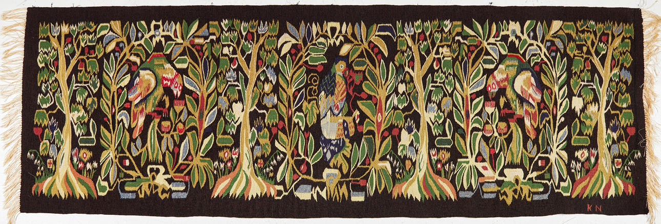 TEXTILE, decor with parrots, monogram signed, Skåne, 1800/1900's.