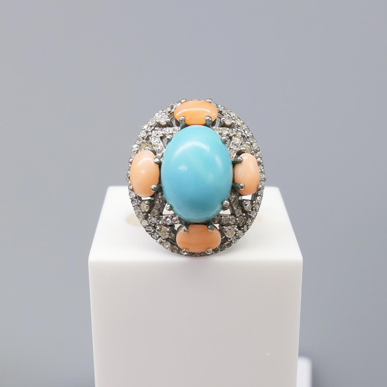 TURQUOISE, CORAL & DIAMOND ring.