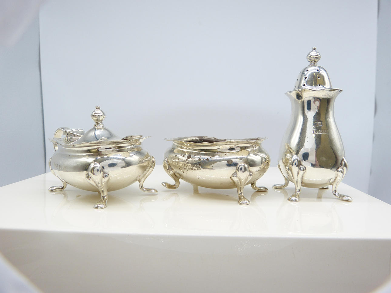 VINTAGE SILVER CONDIMENT SET.