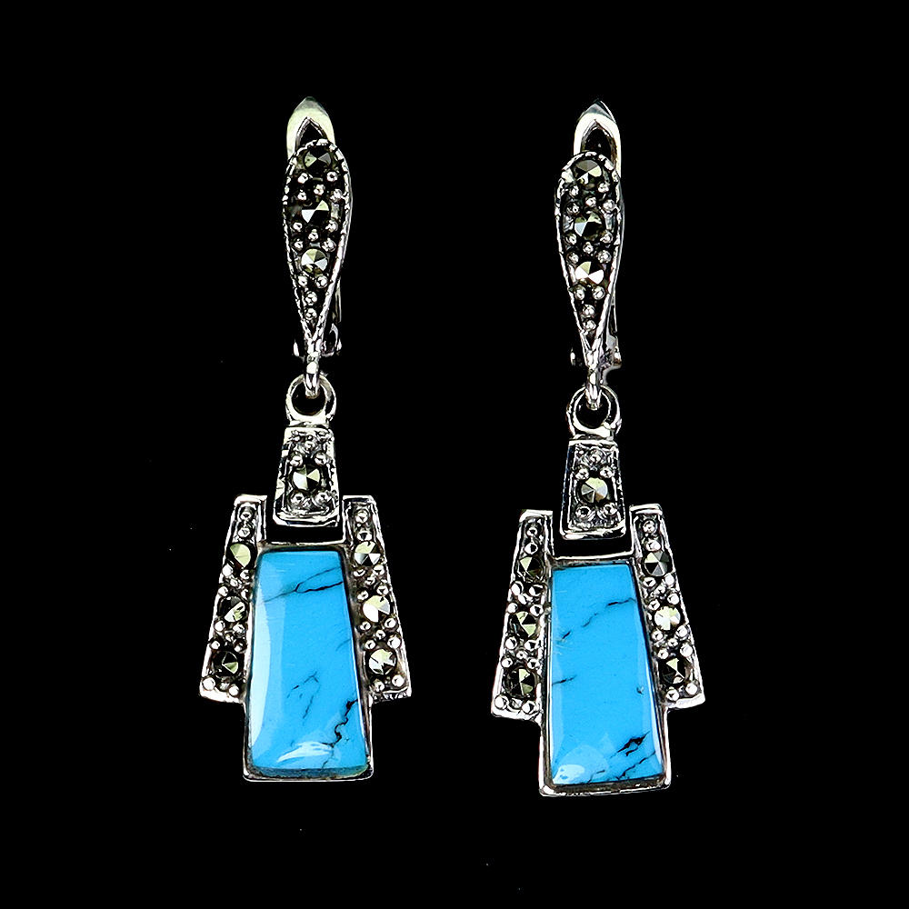 TURQUOISE AND MARCASITE SILVER EARRINGS.