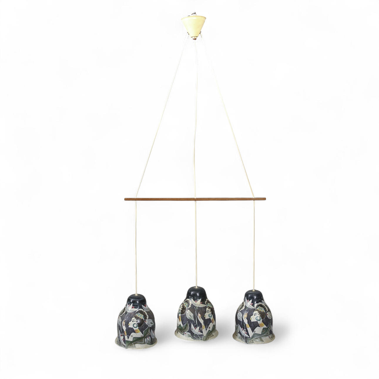 CEILING LAMP, ceramic, 3 cups with joint suspension in teak, probably Tilgmans/Alingsås.