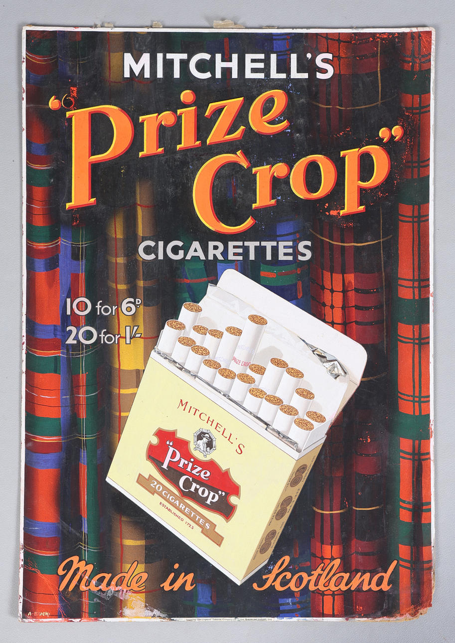 EIN HANDBEMALTES MITCHELL'S PRIZE CROP ZIGARETTEN-WERBESCHILD.