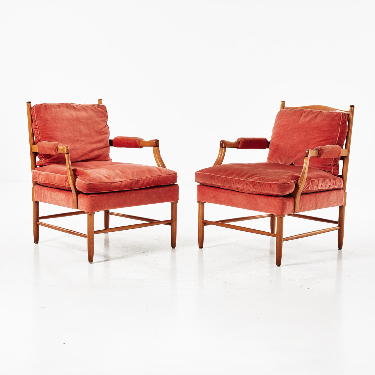 1 pair of armchairs, second half of the 20th century, beech, so called Gripsholm chairs, loose plush.