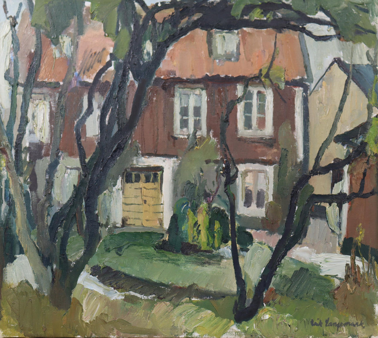ERIK LANGEMARK, oil on canvas, house among trees.
