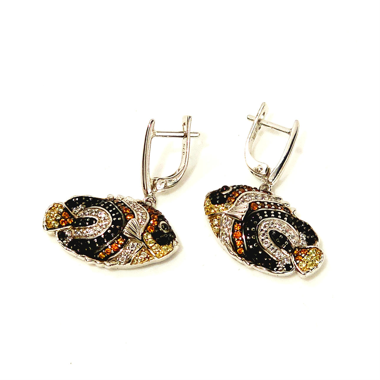 Mobile “Fish” earrings with colored zircons and silver frame.