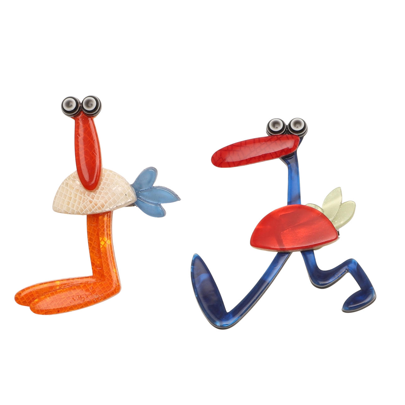 TWO LEA STEIN BROOCHES, CARTOON BIRD AND ANOTHER.