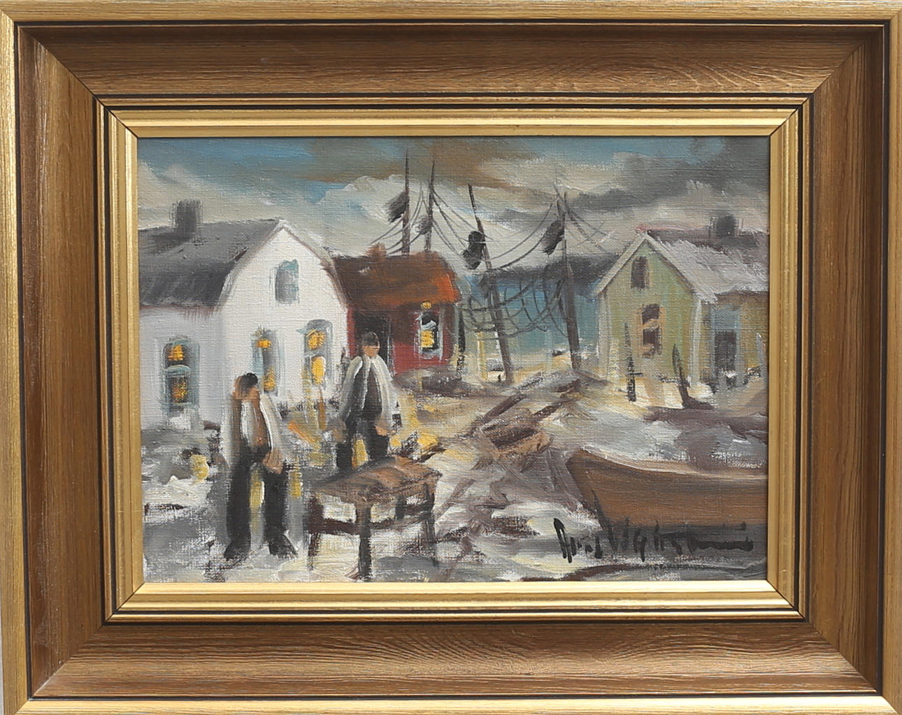 ARNE WALLSTEN. "Fiskeläger", olja på duk, signerad.