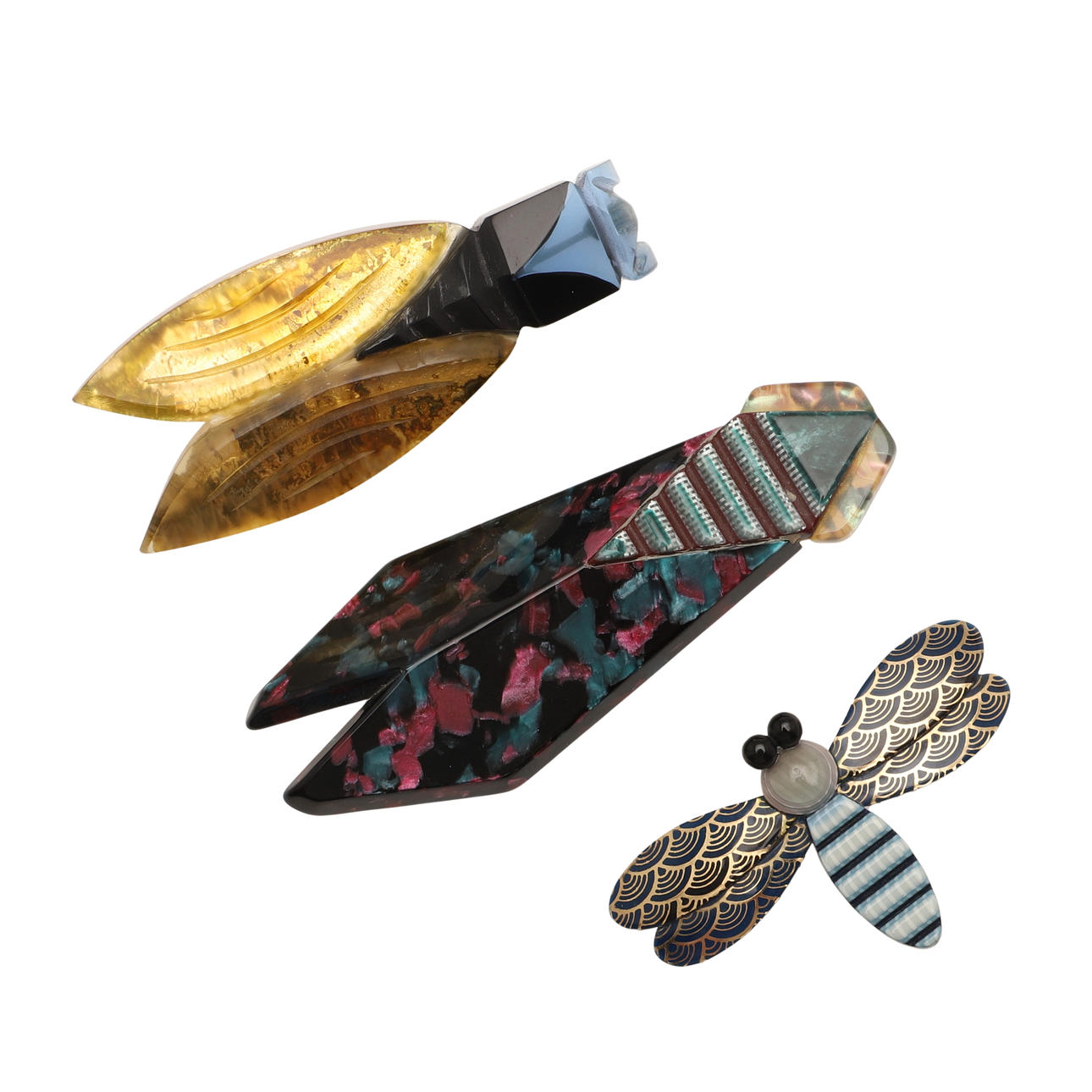 A LEA STEIN CICADA BROOCH AND INSECT BROOCH AND A SIMILAR CICADA BROOCH.