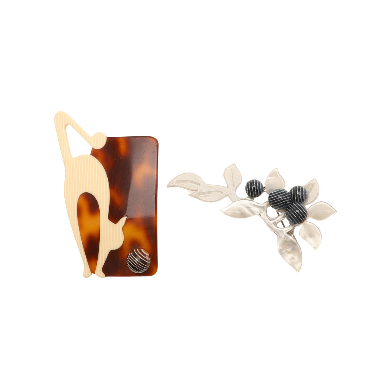 TWO LEA STEIN BROOCHES, CAT AND BALL AND FLORAL.