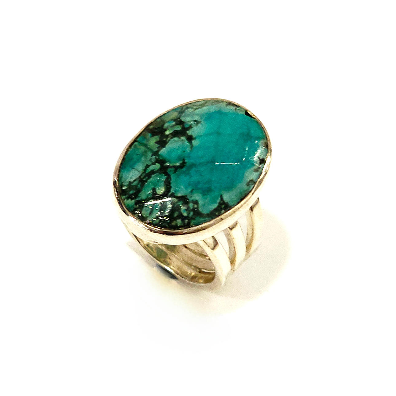 Large boho ring in natural turquoise and faceted cabochon. Silver frame. NO. 14.