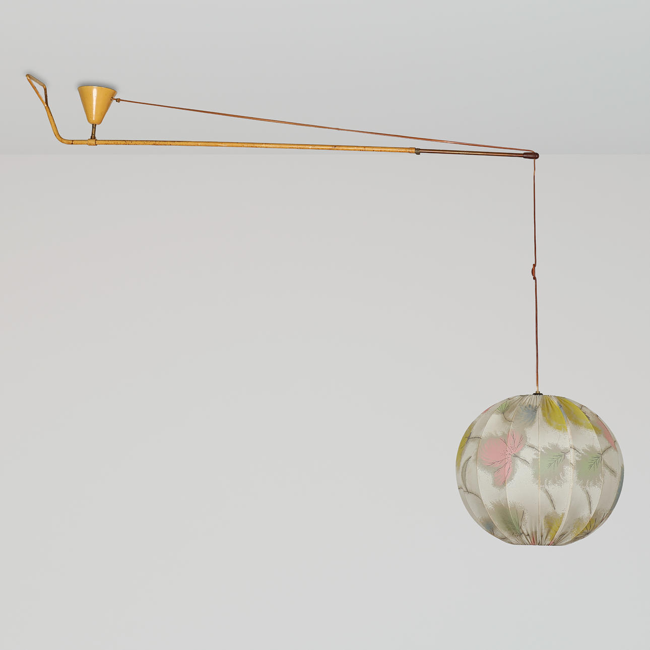 Brass ceiling lamp with adjustable rod and fabric shade, second half of the 20th century.