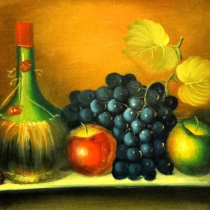UNBEKANNTER KÜNSTLER. STILL LIFE WITH GRAPES AND APPLES, oil painting, with frame, around 1970.