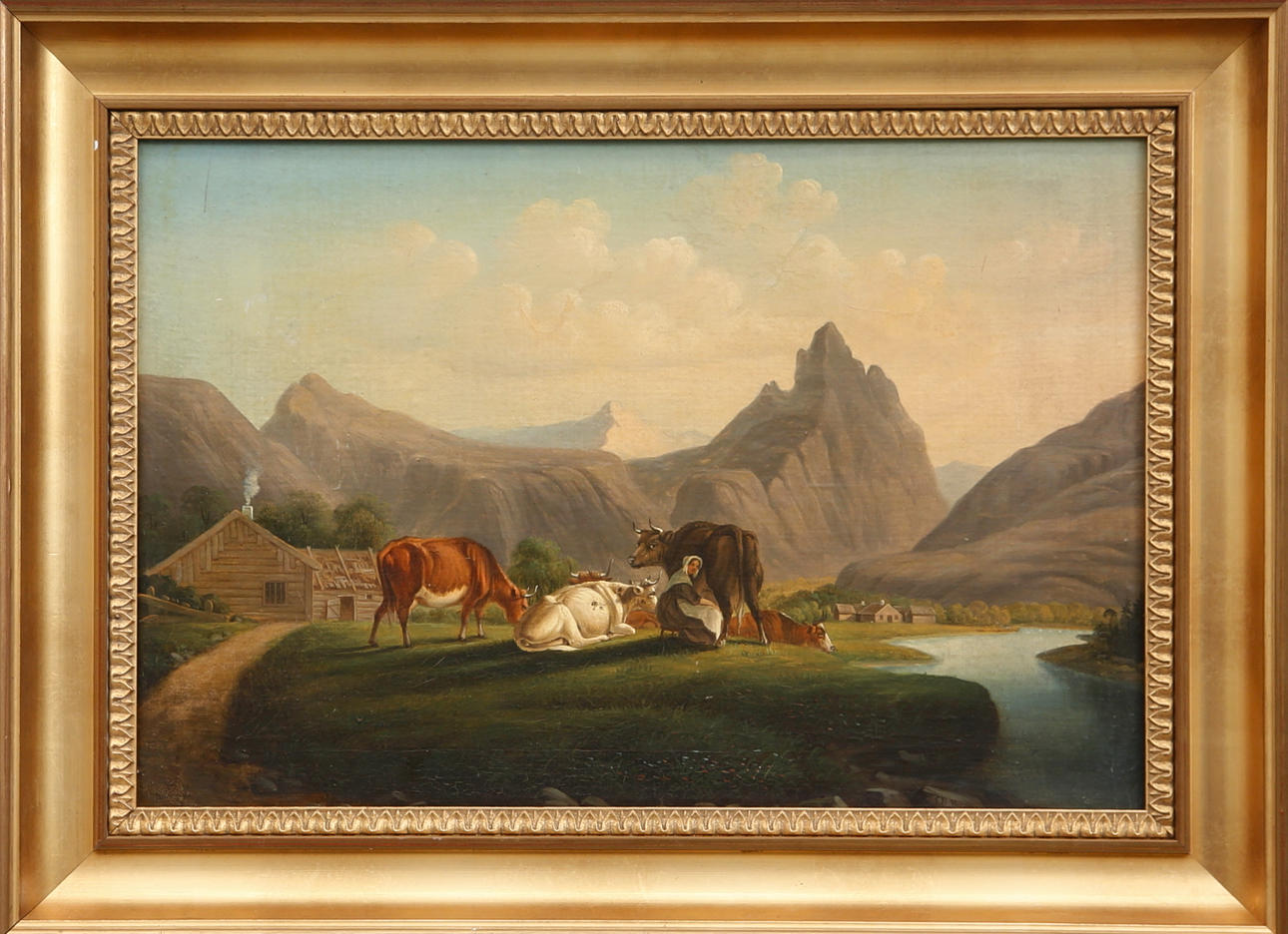 OIDENTIFIERAD KONSTNÄR. Mjölkerska i alplandskap, ca 1850-tal, olja på duk, otydlig signatur.