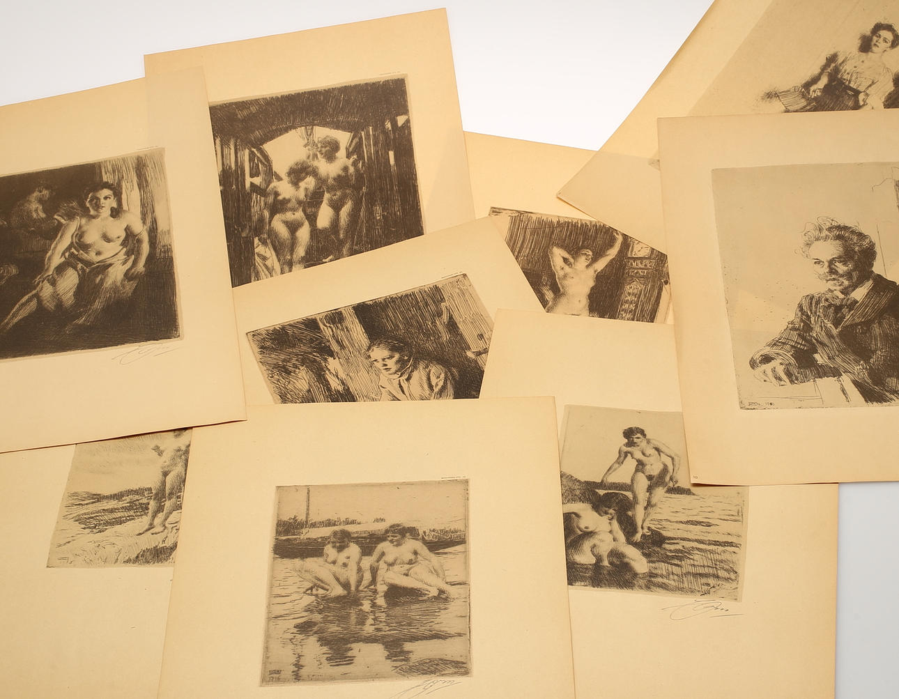 ANDERS ZORN. Efter. Litografiskt tryck av etsningar, 9 st.