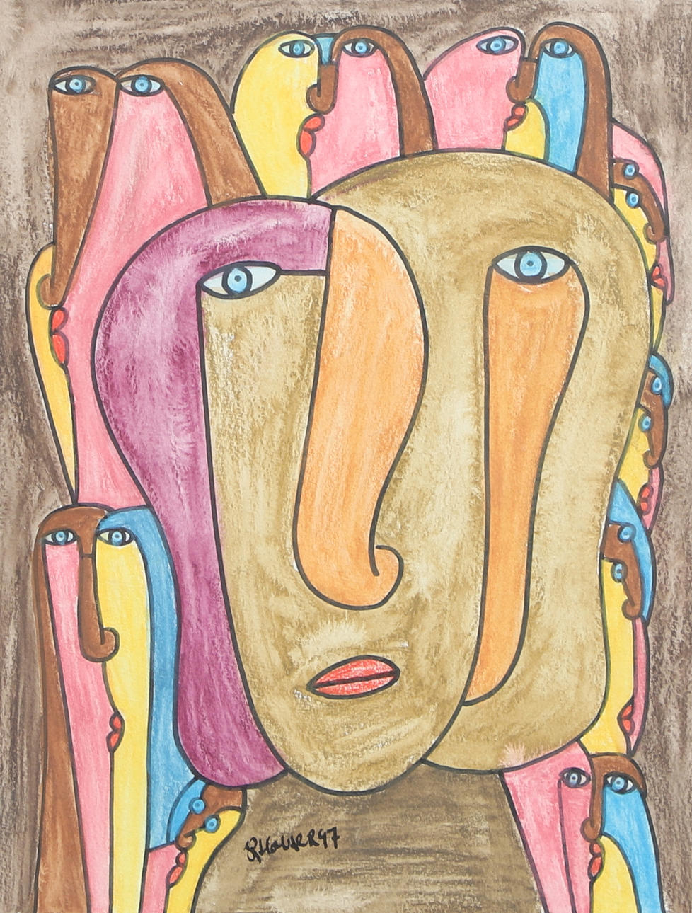 KJELL HOBJER. Pastel drawing, faces, signed, dated -97.