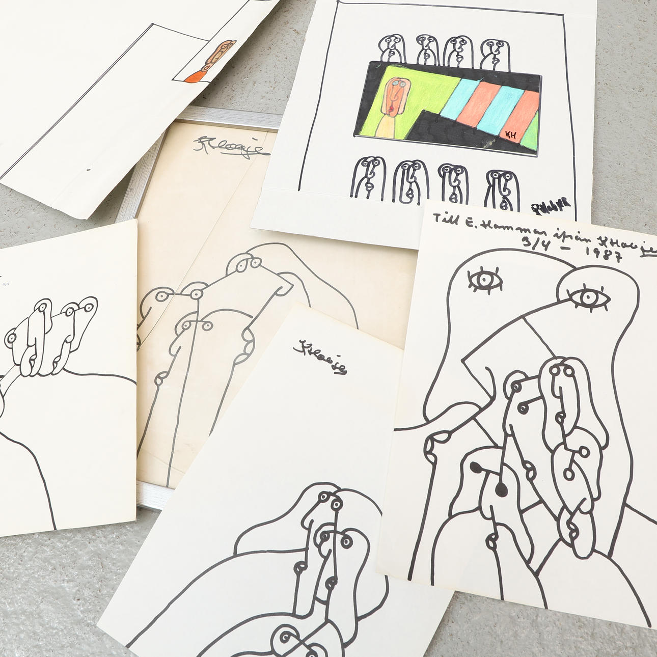 KJELL HOBJER. Marker drawings, 6 faces, signed.