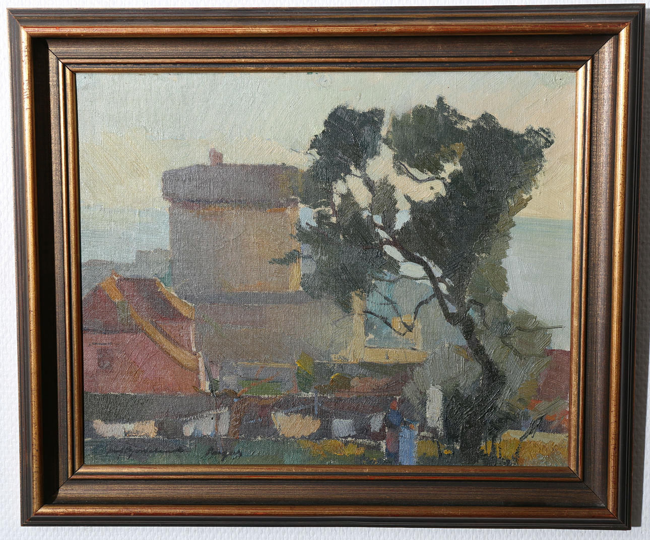 RICHARD BJÖRKLUND. Olja på pannå, Kvinna hänger tvätt, signerad.