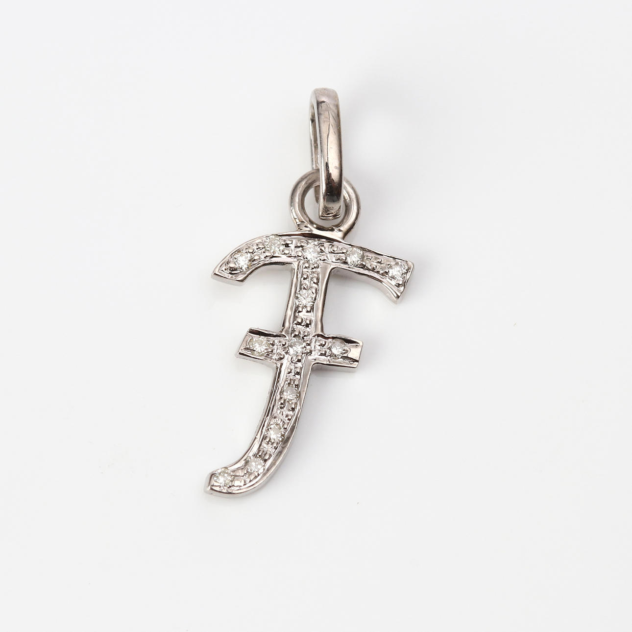 CHARMS. 14k white gold, in the shape of an “F” with diamonds, total weight approx. 0.9 grams.