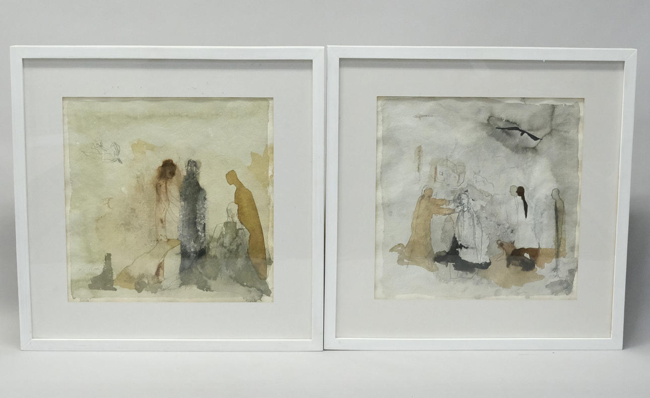 KENT WISTI. WATERCOLORS, COMPOSITION WITH FIGURES, TWO PIECES.