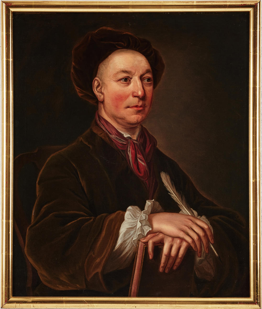 OIDENTIFIERAD KONSTNÄR. 19th century, portrait of man with quill pen and book.